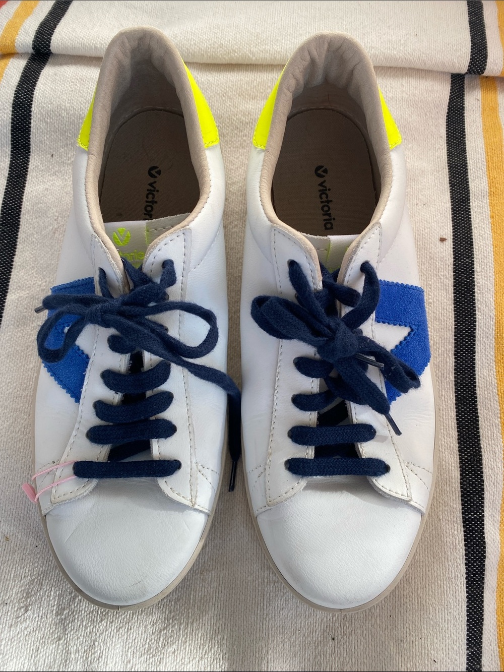 Victoria White Leather Sneakers with Blue Suede Star & Neon Yellow Heel